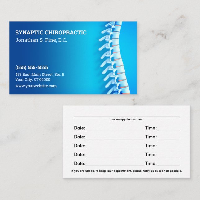 Carte de rendez-vous 3D Spine Blue Chiropractic (Devant / Derrière)