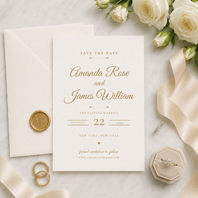 Carte de rendez-vous à l'esthétique minimale dorée (Elegant gold Save the Date styled with timeless minimalist wedding details.)