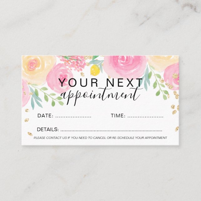 Carte De Rendez-vous Aquarelle florale souple rose or maquillage de che (Devant)