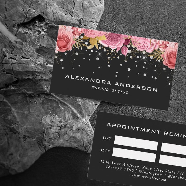 Carte De Rendez-vous Aquarelle rose Fleur Diamant Parties scintillant S (Pink Watercolor Flower Diamond Glitter Salon Black Appointment Card)