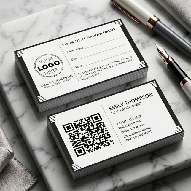 Carte De Rendez-vous Art Deco Black White QR Code Logo Professional (Minimalist Art Deco Real Estate Business Card | QR Code & Appointment Design)