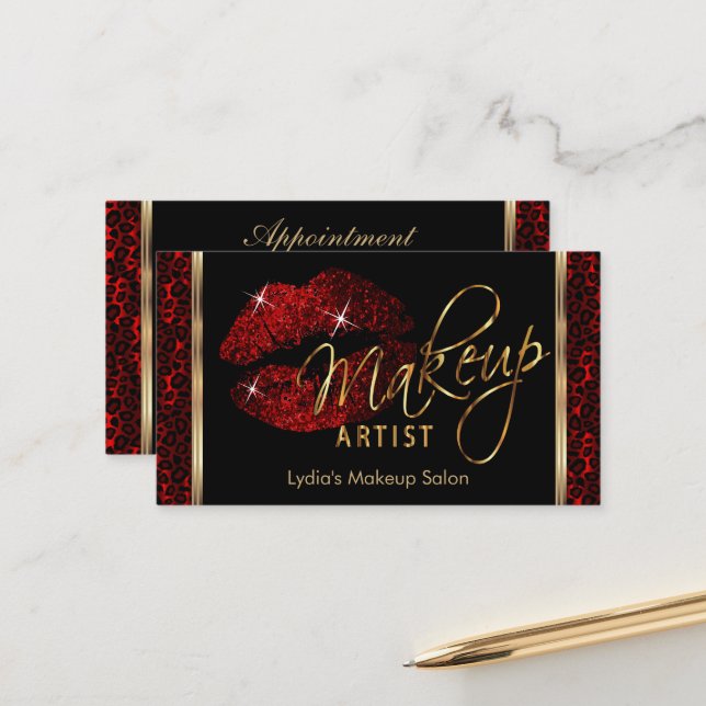 Carte De Rendez-vous Artiste de maquillage - Rouge foncé (Devant/Arrière en situation)
