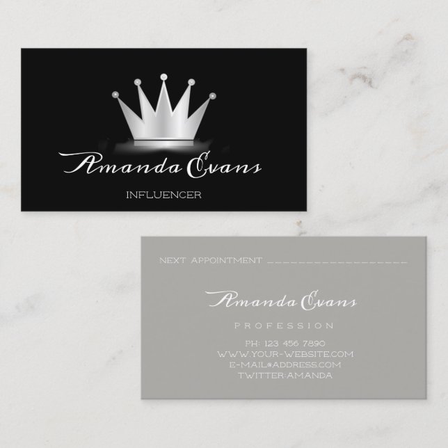 Carte De Rendez-vous Artiste de maquillage spa Argent Couronne Royal Pr (Devant / Derrière)