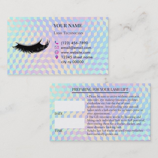 Carte de rendez-vous avant les cils holographiques (Devant / Derrière)