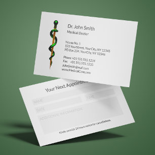 Carte De Rendez-vous Bâton d'Asclépios Médical Vert Herbal Or