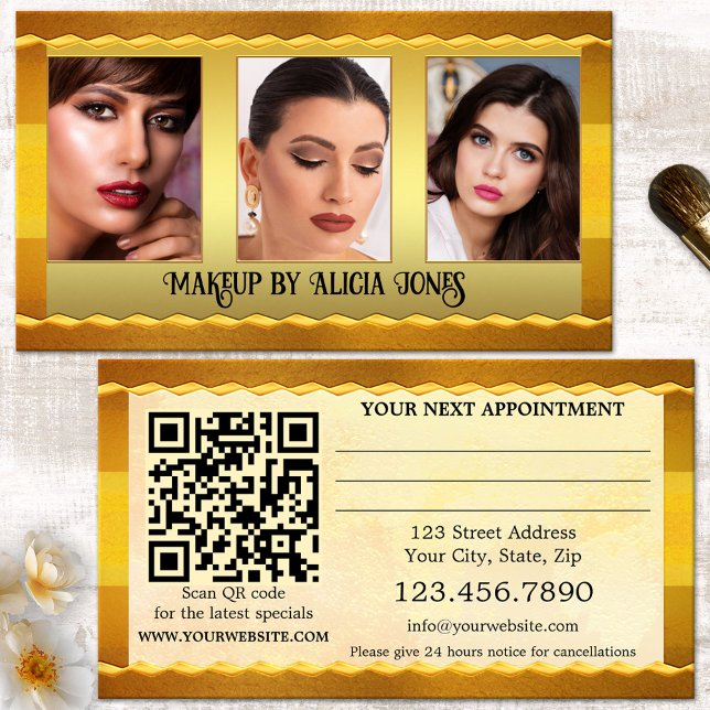 Carte de rendez-vous beauté maquillage photo de po (Elegant photo appointment business card in gold artistic style with QR code template - makeup artist)