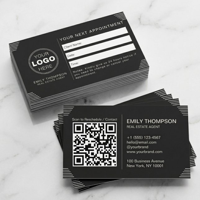 Carte De Rendez-vous Black Luxury Art Deco QR Code Minimal Design (Luxury Black QR Code Appointment Card for Real Estate Branding)
