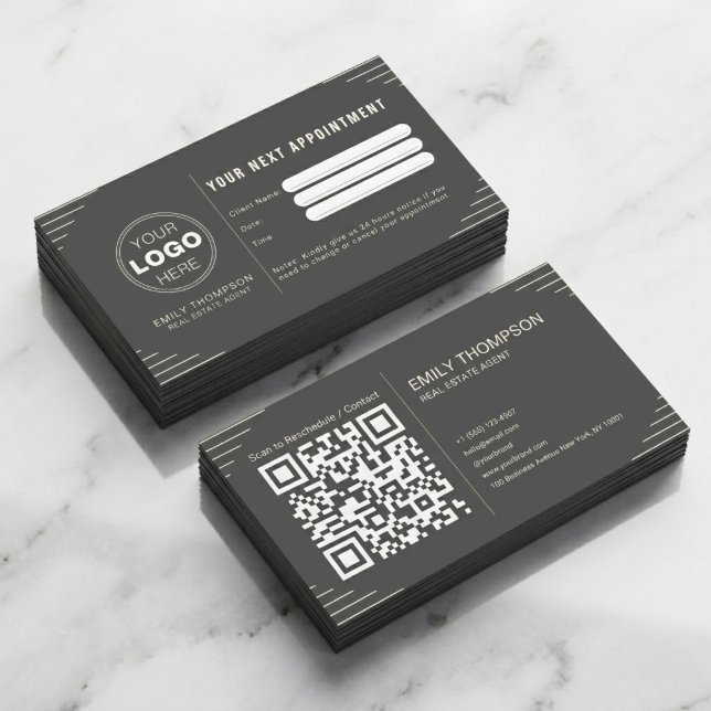 Carte De Rendez-vous Black Luxury Art Deco QR Code Minimal Design (Luxury QR Code Business Card Template | Modern Appointment Card Design)