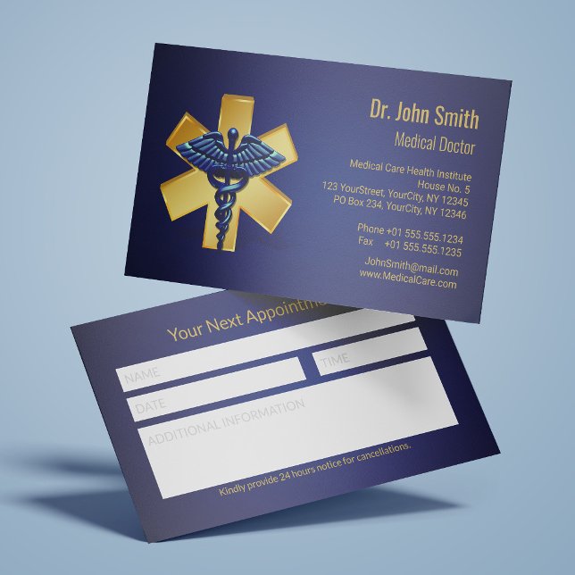 Carte De Rendez-vous Blue Medical 3D Caduceus Gold Cross Reminder (Créateur téléchargé)