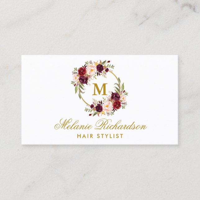 Carte De Rendez-vous Bourgogne Floral Gold Hair Styliste Nomination M (Devant)