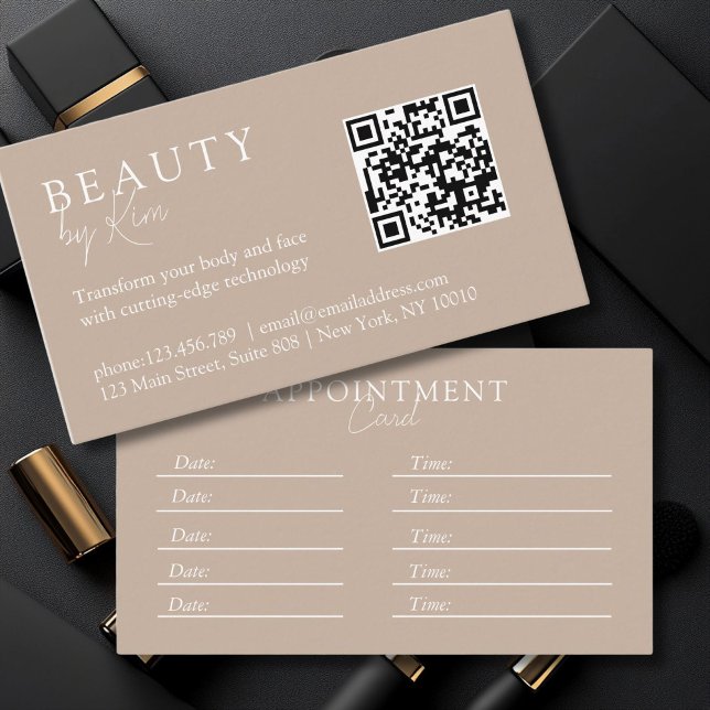 Carte De Rendez-vous Brown & blanc, minimal, élégant, salon, QR-Code (Brown & White, Minimal, Elegant, Salon, QR-Code Appointment Card)