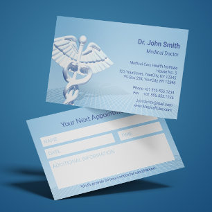 Carte De Rendez-vous Caducée 3D blanc Design Médical Bleu