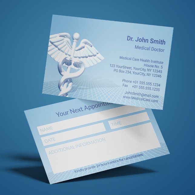 Carte De Rendez-vous Caducée 3D blanc Design Médical Bleu (Créateur téléchargé)