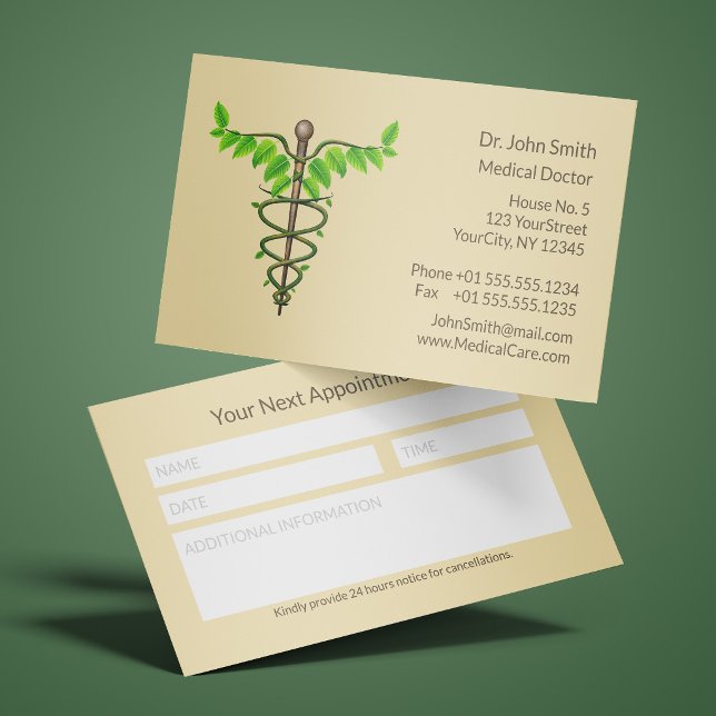 Carte De Rendez-vous Caducée Feuilles Vertes Beige Médecine Alternative (Créateur téléchargé)