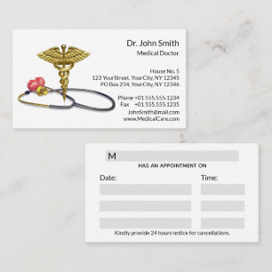 Carte De Rendez-vous Caducée médical et stéthoscope doré avec cœur