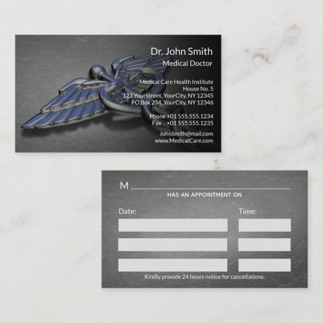 Carte De Rendez-vous Caducée médical professionnel Chrome (Devant / Derrière)