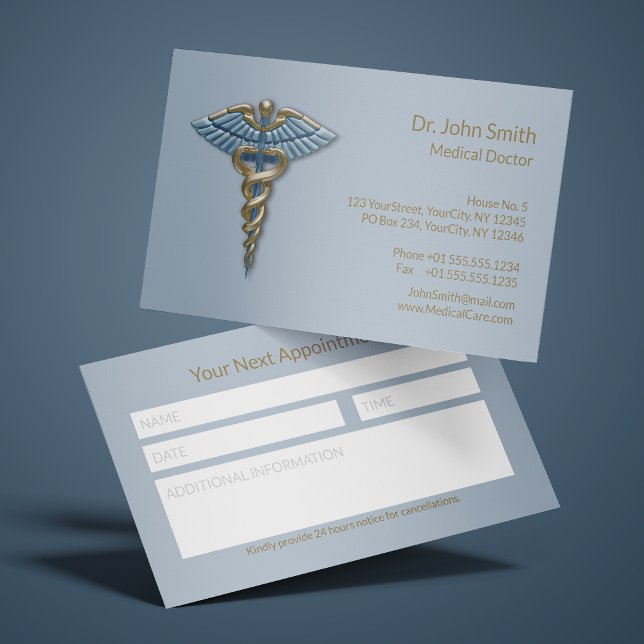 Carte De Rendez-vous Caducée Médical Professionnel Fin Or Bleu Clair (Créateur téléchargé)