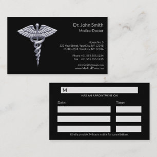 Carte De Rendez-vous Caducée Médicale Silver Classy sur Noir