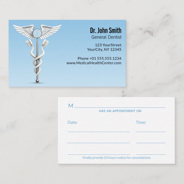 Carte De Rendez-vous Caduceus White Dental Mirror Toothbrush Médicale (Devant / Derrière)
