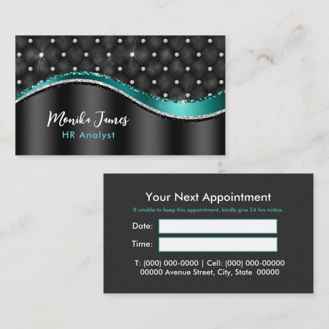 Carte De Rendez-vous Chic Faux en métal brossé Noir Turquoise Monogramm (Devant / Derrière)
