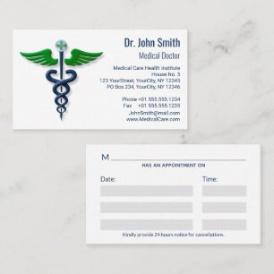 Carte De Rendez-vous Chic Médicale Caduceus Blue Green Wings Cross