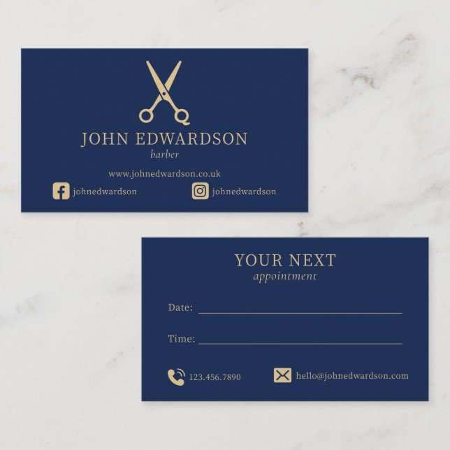 Carte De Rendez-vous Ciseaux de coiffeur Logo Luxe Bleu et Or (Devant / Derrière)
