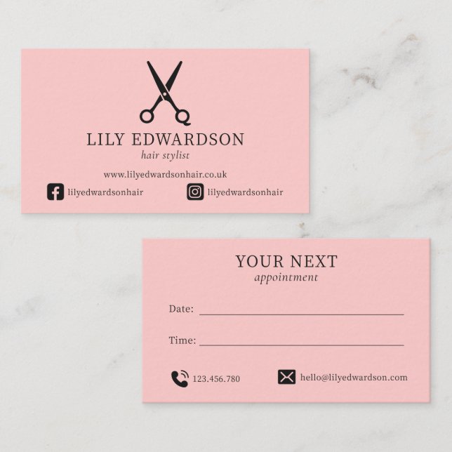 Carte De Rendez-vous Ciseaux Logo Coiffeur Cheveux Rose Tendance (Devant / Derrière)