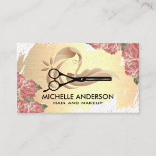 Carte De Rendez-vous Ciseaux   Or brossé   Fleurs   Logo des cheveux