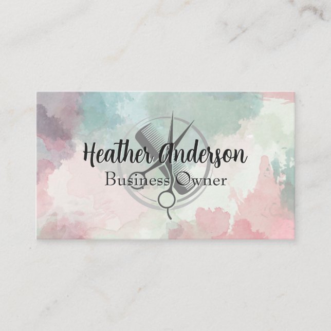 Carte De Rendez-vous Ciseaux Peigne Logo | Fond Aquarelle (Devant)