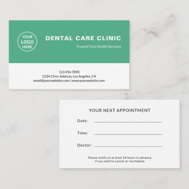 Carte De Rendez-vous Clinique Dentaire Logo de Dentiste Vert Profession (Devant / Derrière)
