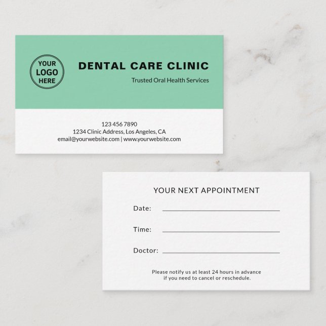 Carte De Rendez-vous Clinique Dentaire Logo Dentiste Vert Doux Professi (Devant / Derrière)