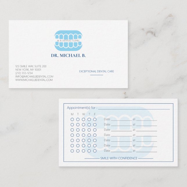 Carte De Rendez-vous Clinique Dentaire Moderne Bleue (Devant / Derrière)