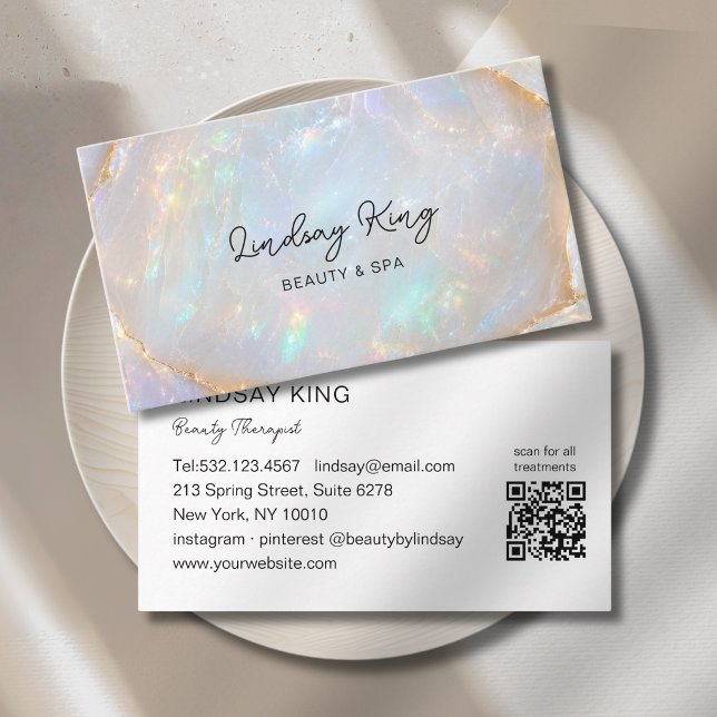 Carte De Rendez-vous Code QR du Salon de Marbre Holographique Opale (Opal Holographic Marble Salon QR Code Appointment Card)