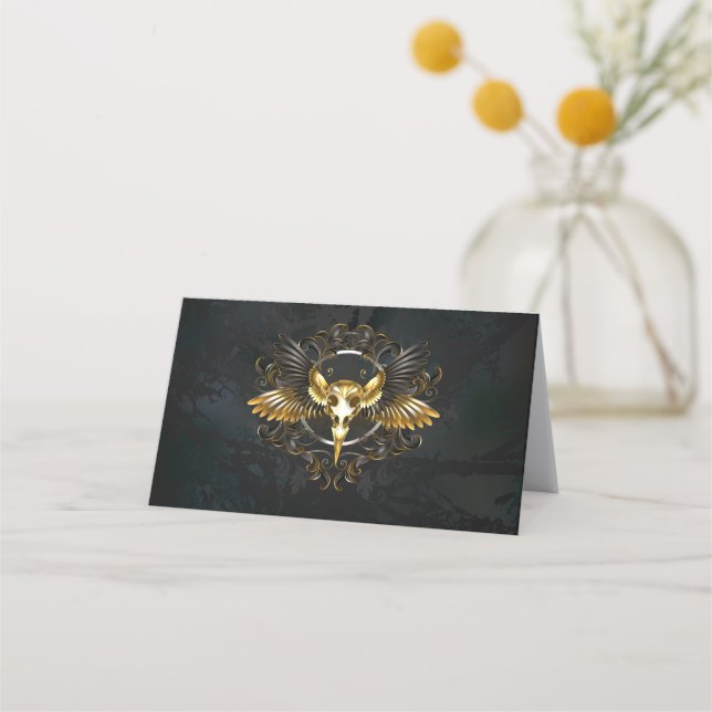 Carte De Rendez-vous Crâne d'oiseau doré sur fond noir (Devant)