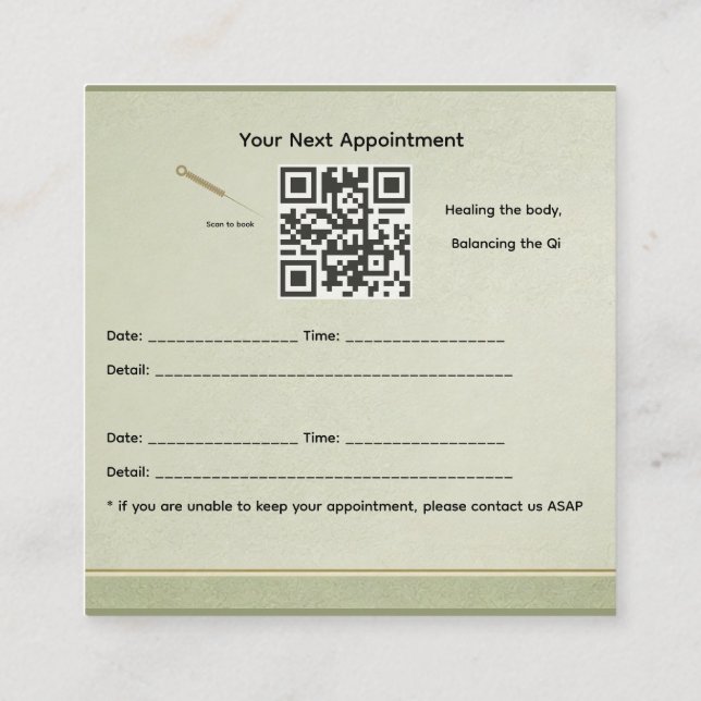 Carte de rendez-vous d'acupuncture Élément Bois (Dos)
