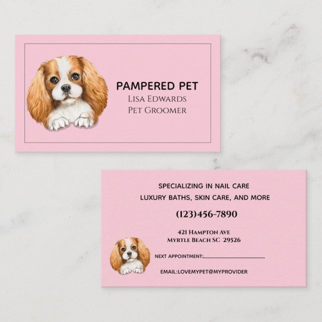 Carte de rendez-vous d'affaires rose pour chien mi (Devant / Derrière)
