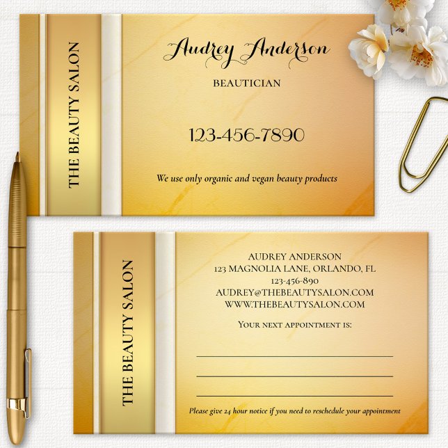 Carte de rendez-vous de beauté élégante en or (Professional glam appointment business card in gold and ivory with peach)