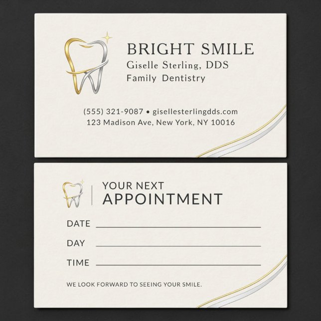 Carte de rendez-vous de dentiste métallisée or arg (Créateur téléchargé)