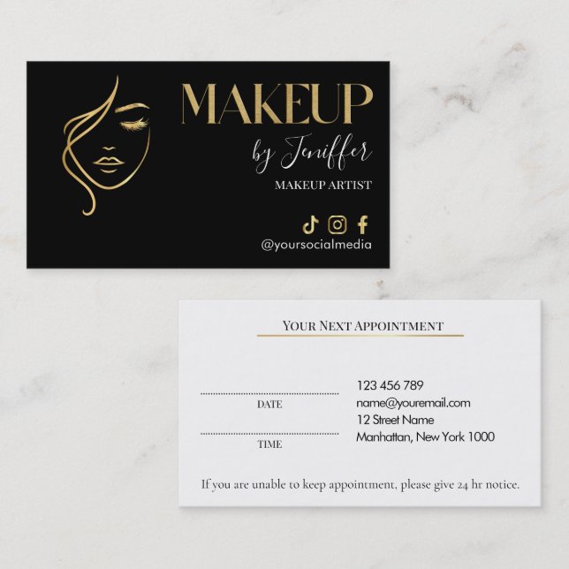 Carte de rendez-vous de maquillage noir et or de l (Devant / Derrière)