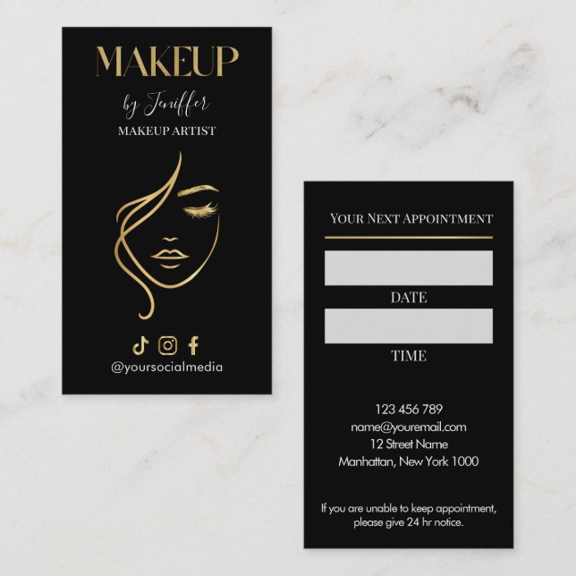 Carte de rendez-vous de maquillage noir et or de l (Devant / Derrière)
