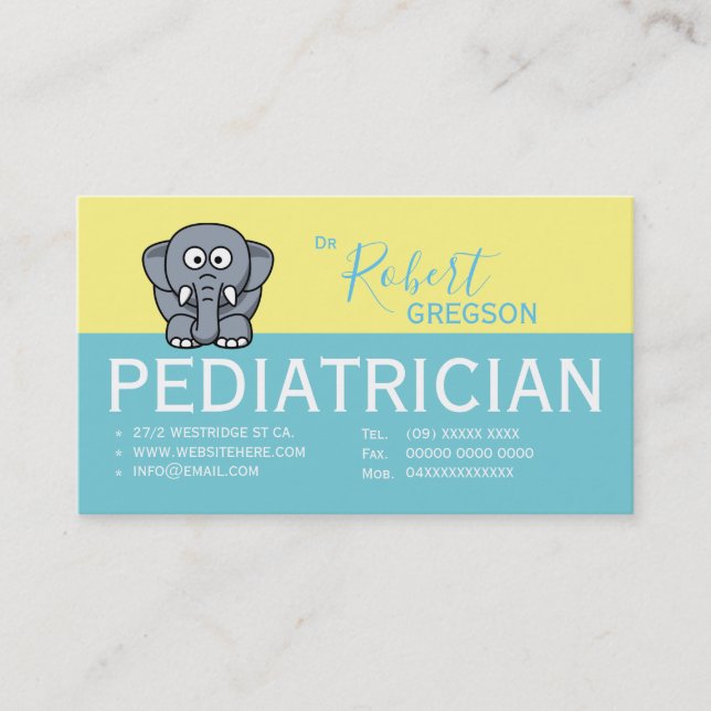 Carte de rendez-vous de pédiatre éléphant mignon (Devant)