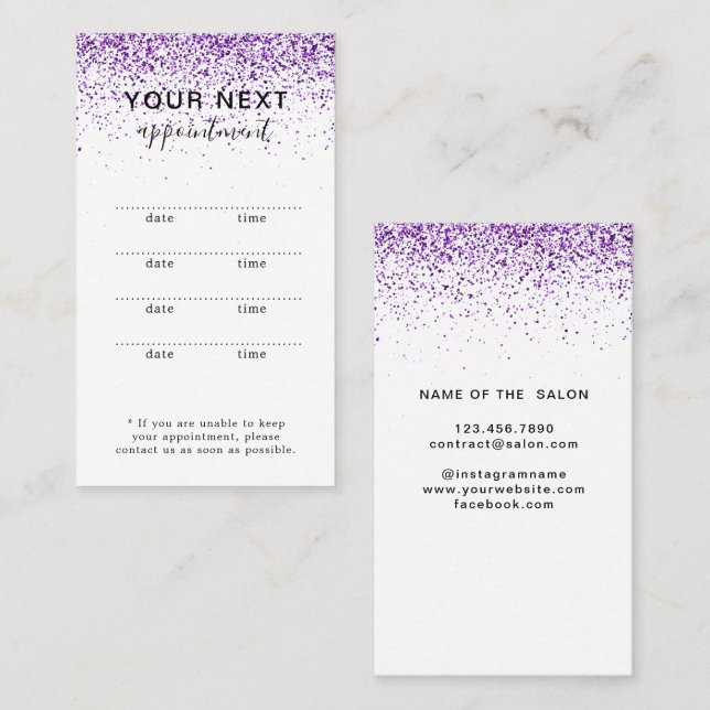 Carte de rendez-vous de salon violet pailleté de l (Devant / Derrière)