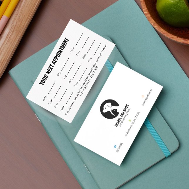 Carte de rendez-vous de soins pour animaux avec lo (Pet Care Appointment Card with Logo & Cute Animal Art)