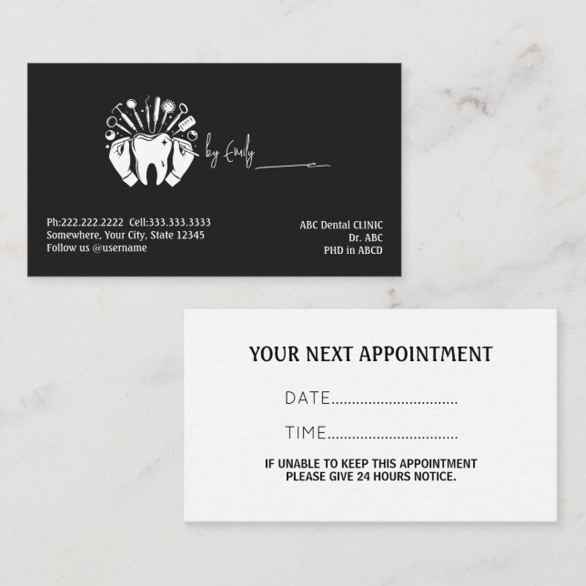 Carte De Rendez-vous Dentiste Noir  (Devant / Derrière)