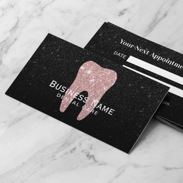 Carte De Rendez-vous Dentiste Rose Gold Tooth Black Parties scintillant (Créateur téléchargé)