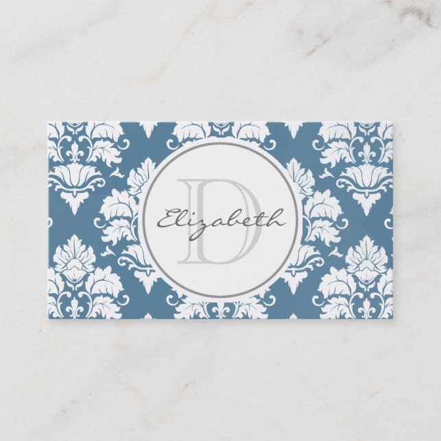 Carte de rendez-vous Dusty Blue Damask Monogram (Devant)