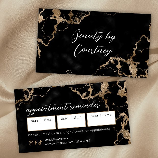 Carte De Rendez-vous Elegant Script Gold & Black Marble Beauty Salon (Modern black marble and gold appointment cards )
