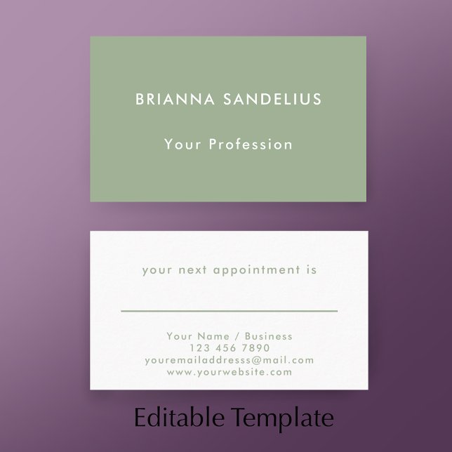 Carte De Rendez-vous Entreprise personnalisée vert sauge simple moderne (Add your custom text to this modern sage green appointment card template.
)