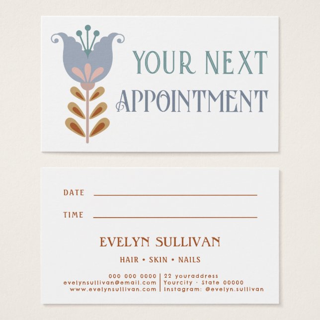 carte de rendez-vous fleur d'art populaire nordiqu (Devant & derrière)