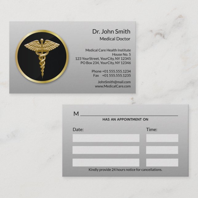 Carte De Rendez-vous Gold Professional Médicale Caduceus (Devant / Derrière)